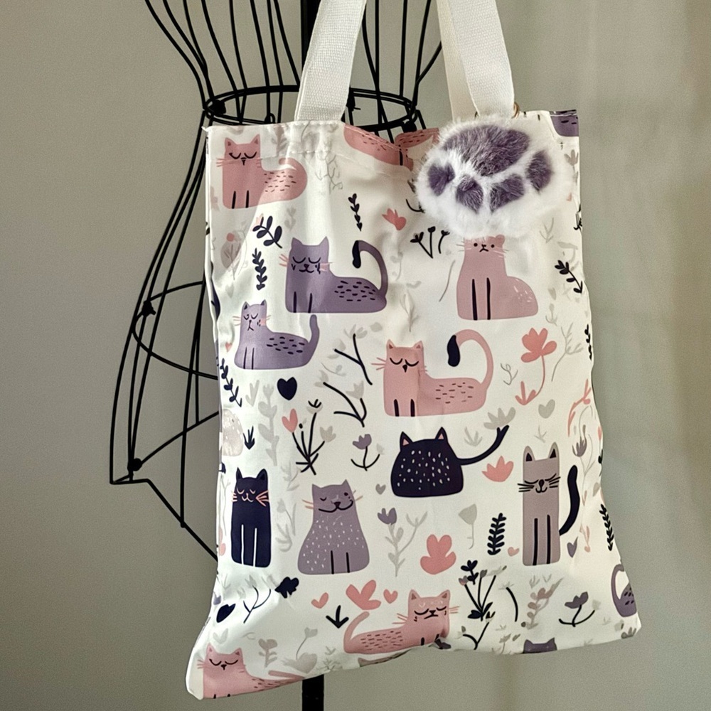 New Pink & Purple Cats Shopping Bag Purse Tote w/ Fuzzy Paw Charm - 16”